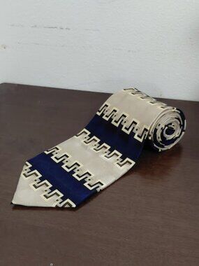 Vintage Mosaic Greek Key Champagne & Royal Blue Handmade 100% Silk 59in Necktie